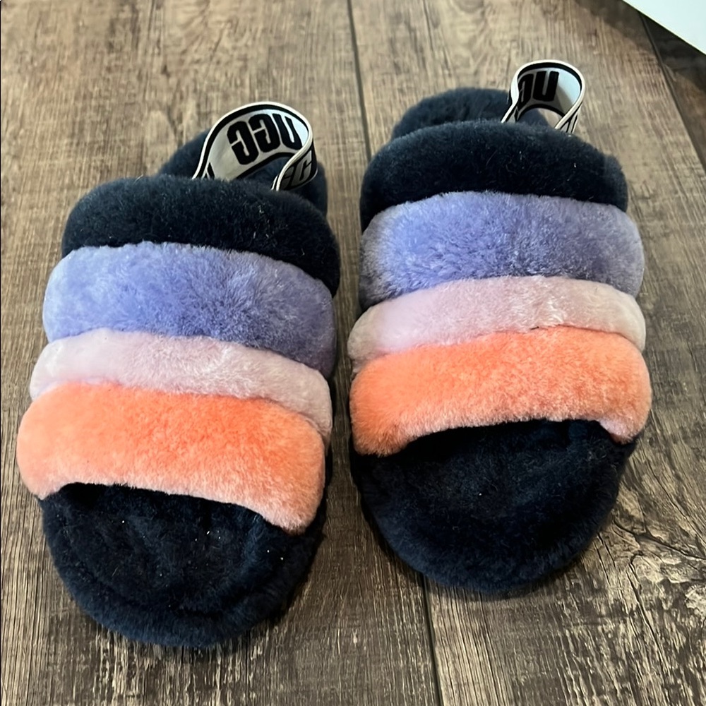 UGG Navy and Orange Fluffy Slides